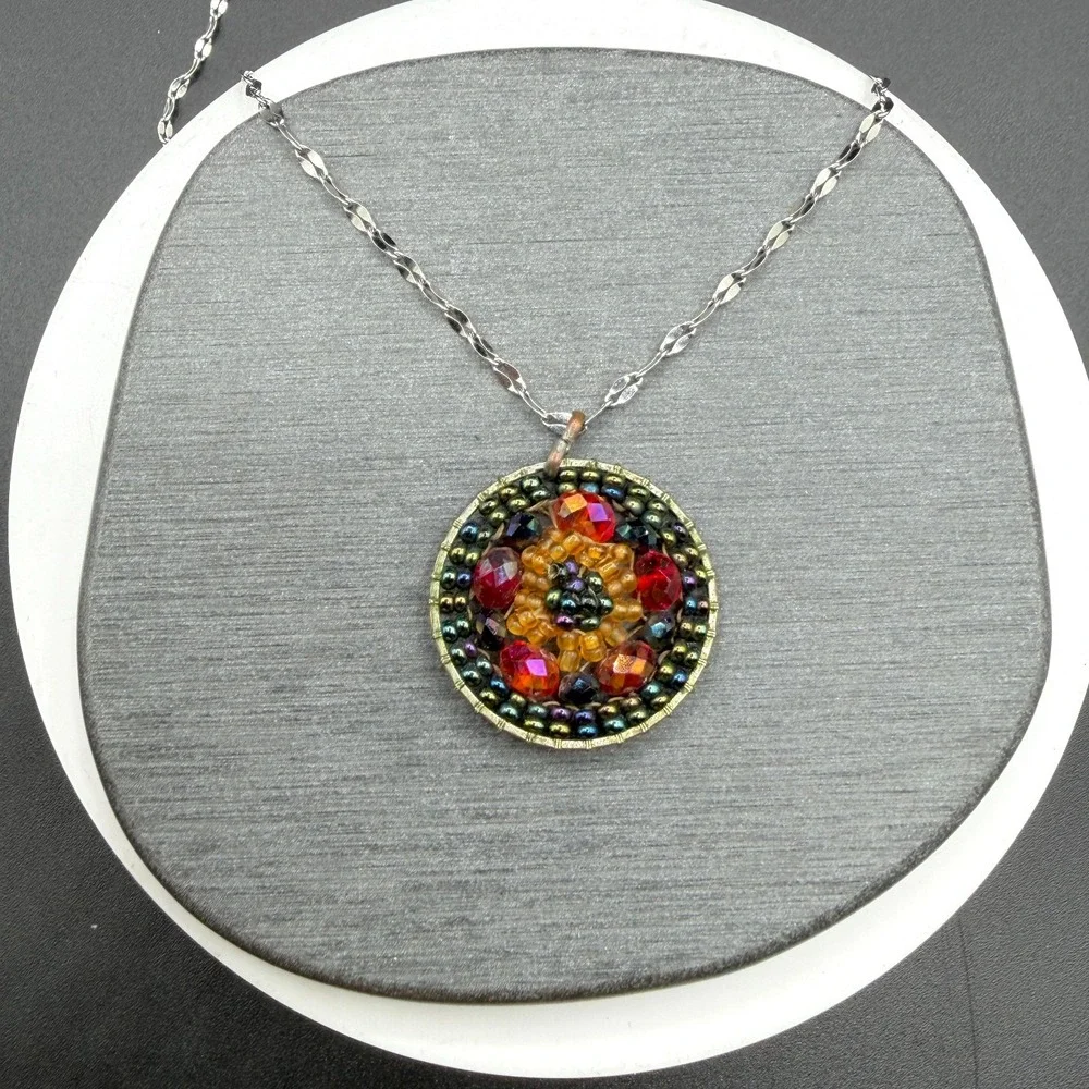 Multicolor Beaded Mosaic Pendant Necklace Stainless Steel Chain Boho Statement